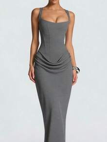 Women's New Spring Slim-Fit Fishbone Strap Long Dress Solid Color Bodycon Dress - 白色 - 查看 2