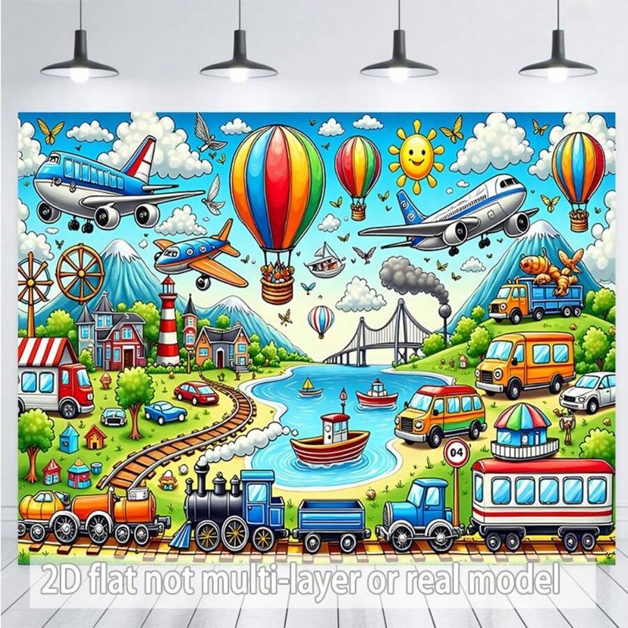 2D Flat - 2D Flat - Single 2D Flat Banner, Showcasing Vibrant Design Featuring Various Modes Of Transportation Such As Planes, Trains, And Cars Set In Picturesque Scenery. An Ideal Gift For Event Organizers, Made Of Polyester. - 4 - View 1