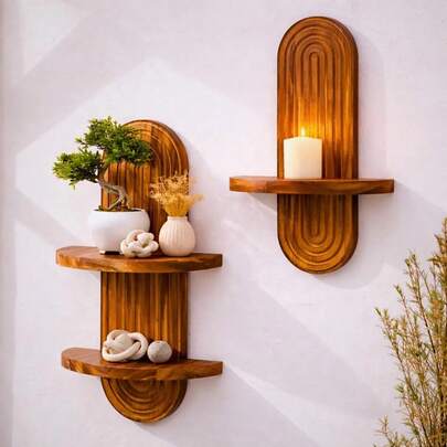 Modern Wood Wall Shelf – Boho Style Natural Small Wooden Shelves - "Noka" - Burnt Texture