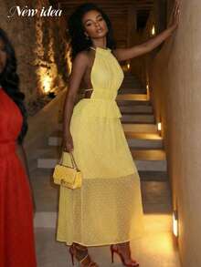 女士优雅黄色长裙，轻盈透明瑞士波点面料，无肩带褶裥下摆连衣裙，甜美优雅的假日派对装扮，女士优雅假日连衣裙，黄色瑞士波点长裙，派对场合连衣裙 - 淡黃色 - 查看 3