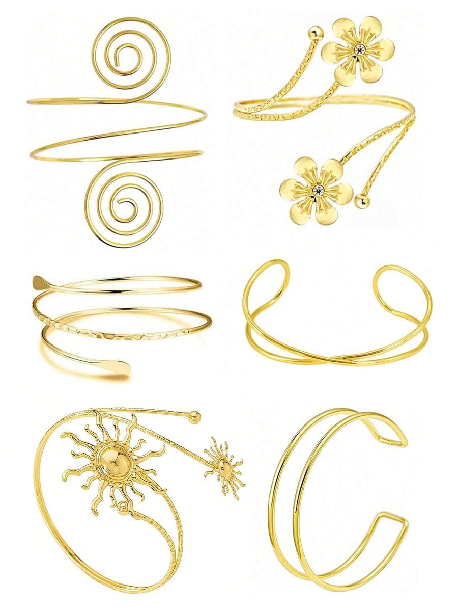 Juego de 6 piezas de brazaletes personalizados de moda con girasol, diseño exagerado en espiral, brazalete geométrico de múltiples capas para el brazo superior, ajustable y de uso multifuncional - 6 piezas de oro AT010 - Ver 1
