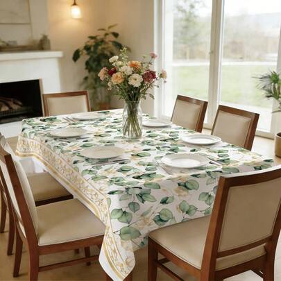 Toalha de mesa com estampa de eucalipto em aquarela e detalhes dourados (1 peça), impermeável e resistente a manchas, ideal para decoração de mesa de jantar, mesa de centro, rack de TV, hall de entrada, festas e eventos em geral.