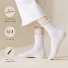 6 Pairs Women's Cute Ruffle Ankle Socks, Frilly Edge Design Sock Set For Casual Daily Wear - White - View 7