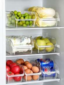 1pc/2sets Transparent Durable Storage Boxes, Stackable Large Capacity Storage Bins, Suitable For Refrigerator, Freezer, Cabinet, Pantry, Kitchen Storage Boxes And Cabinets, Kitchen Accessories, Refrigerator Organizer Boxes, Snack Boxes, Spice Jars, Valentine's Day & Back To School Gifts - Clear - View 3