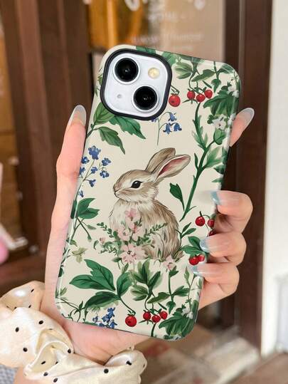 1pc Nature Healing Vintage Plant Cartoon Rabbit Pattern Glossy 2-In-1 Phifilm Hard Phone Case Suitable For Samsung/ 11/12/13/14/15/16/17 Pro Max
