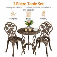 Butterslay 3 Piece Vintage Bistro Table Set Outdoor Metal Dining Set With Umbrella Hole Round Table And 2 Armless Chairs With Backrest Antique Aluminium Patio Furniture Set For Backyard Pool Balcony Cafe, Bronze - 銅色 - 查看 3