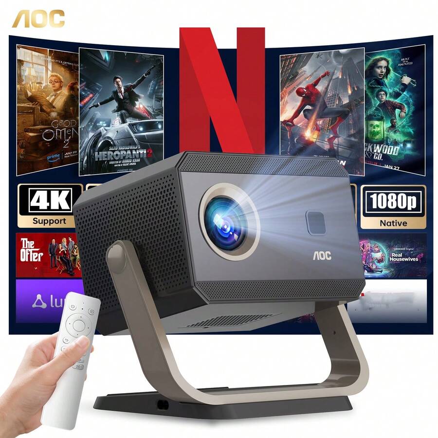AOC Portable Projector Full HD 4K/1080p, Auto Focus, Auto Keystone Correction, Adjustable Angle, Wi-Fi 6 & Bluetooth, 15000 Lumens, Compatible With IOS/Android/PC For Work And Gaming
