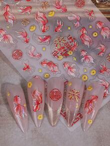 2片装 5D立体锦鲤美甲贴纸 锦鲤莲花美甲设计 DIY自粘闪亮亮片美甲装饰 带来好运 DIY美甲 - 彩色 - 查看 6