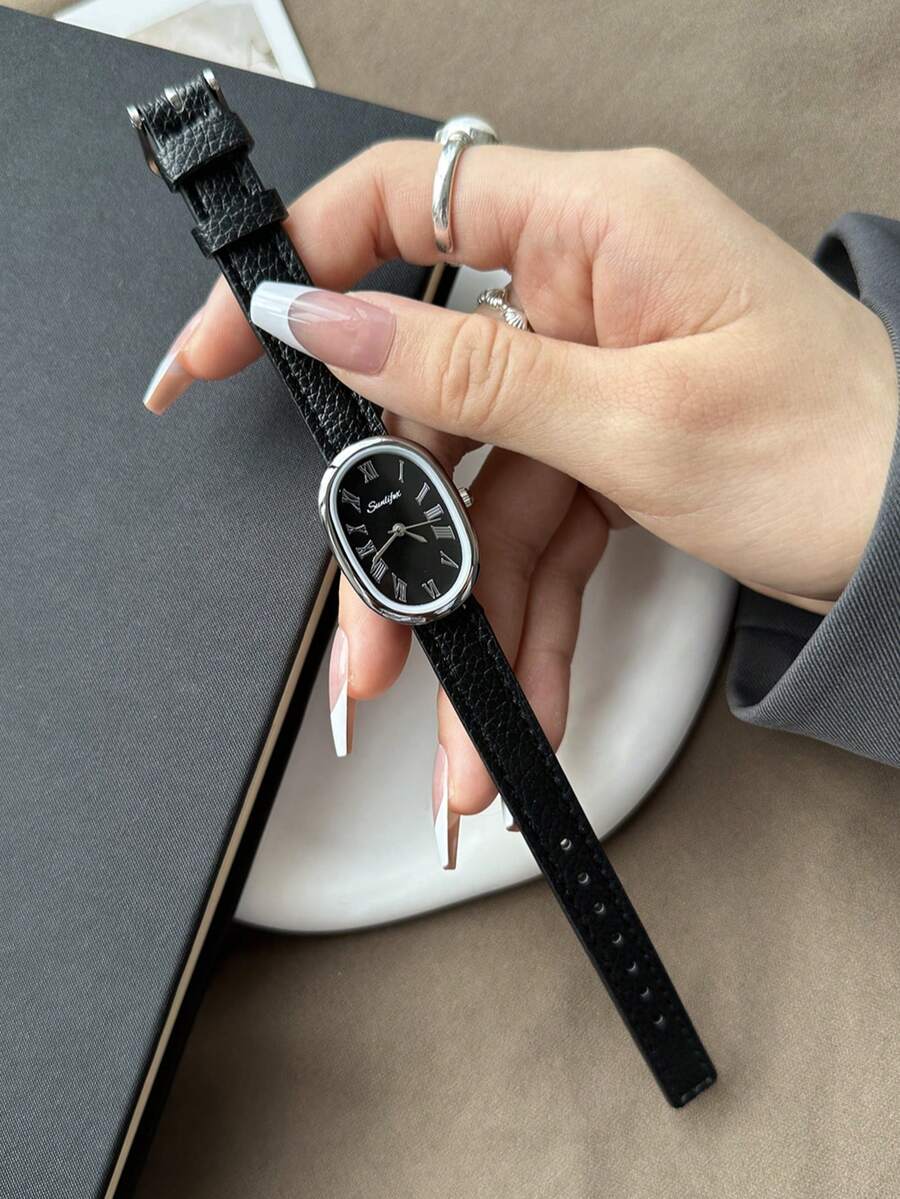 1 pieza Reloj de cuarzo para mujer con correa ajustable estilo retro, elíptico con escala de números romanos, compacto y perfecto para uso diario - Negro - Ver 1