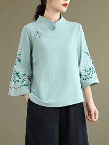 LUCIDVUE 1 chiếc áo kiểu Trung Quốc thêu dành cho nữ, trang phục mùa xuân/hè, họa tiết thêu tinh xảo kiểu Trung Quốc cổ điển, cổ tàu, cài cúc phía trước, áo sơ mi vải lanh, tay áo loe thanh lịch, kiểu Hanfu cải tiến, thích hợp cho tiệc trà, kỳ nghỉ. - Màu xanh bạc hà - Xem 10