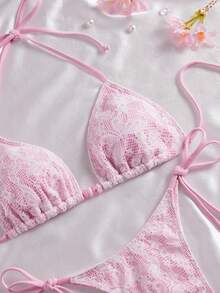 Sultry Sol Women's Elegant Sweet Pink Lace Halter Tie Bikini Set, Beaded Detail, Perfect For Summer Beach And Pool Party Vacation - Baby Pink - View 5