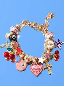 1条可爱红色樱桃吊坠手链，1条粉色爱心字母手链，1条豹纹星星女孩手链，1条黑色8号球暗黑系手链，1条十字星手链，1条朋克音乐节手链 - 金色 - 查看 2