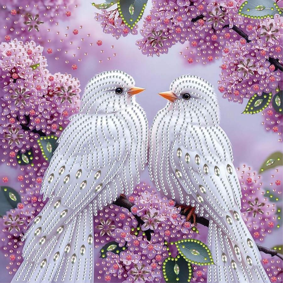 DIY Diamond Painting Kit - Romantic White Doves On Sakura Tree With Couple Pattern, Round And Irregular Diamonds, Handmade Craft Gift, Suitable For Adult Art Creation (2D Flat Unframed), 2D Flat Version - View 1