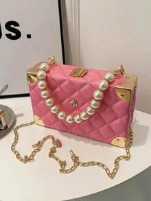 1 件女士纯色小方包，菱格纹绗缝手拿包，水钻珍珠手提包，锁扣盒手拿包，金属链条单肩包，刺绣格子小包，时尚情人节礼物，婚礼包 - 玫紅色 - 查看 6