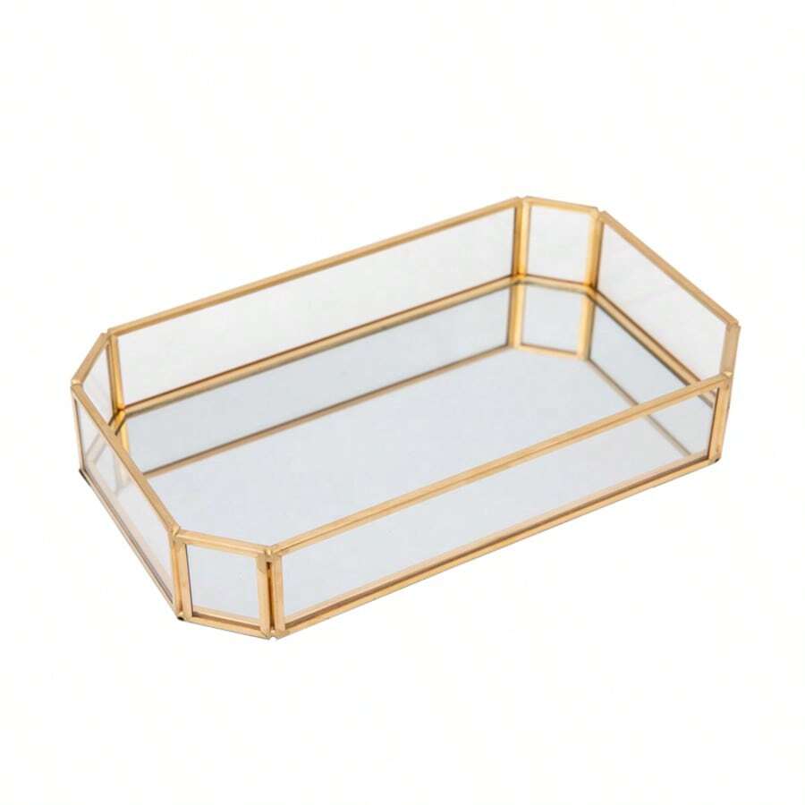 Gold Rectangular Glass Mirror Jewelry And Perfume Tray - Gorgeous Metal Decorative Tray For Dresser And Dresser - Vàng - Xem 1