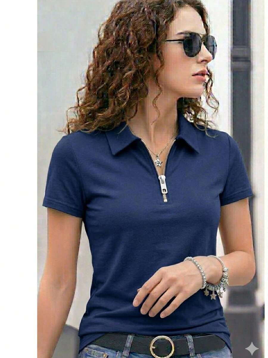 Women's Premium Polo Shirt With Zipper - Navy Blue - View 1