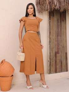 Women's Tailored Set: Cropped Top With Ruffled Sleeves, Midi Skirt With Front Slit, High Waist. Elegant Women's Fashion Set ✨ Casual, Vacation, Beach - 駝色 - 查看 2