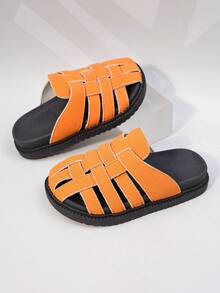 1双女童米色编织厚底防滑拖鞋，适合日常休闲穿着 - 亮橙色 - 查看 4