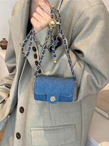 Single Shoulder Bag With Diamond Embroidery And Golden Ball, Crossbody Bag, Mini Casual Bag With Texture For Women - Sky Blue - View 5