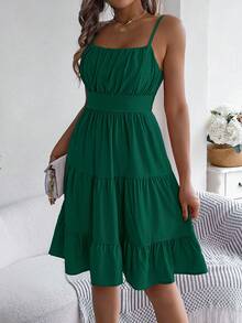 Spring/Summer Casual Pleated Strap Cami Mini Dress Vacation Style Party - Dark Green - View 1
