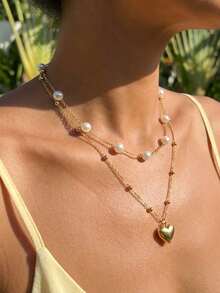 2件套心形珍珠项链，适合女士约会和派对佩戴 - 彩色 - 查看 3