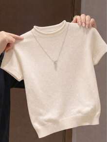 Girls' Minimalist Solid Color Round Neck Sleeveless Lightweight Knit Pullover Top, Casual Daily Wear For Spring, Summer, Early Autumn - Apricot - View 2