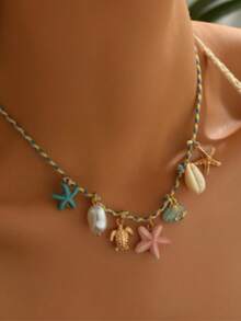 1 chiếc vòng cổ dây bện kiểu Bohemian màu xanh dương dành cho bé gái, có mặt dây chuyền hình sao biển, vỏ sò và nàng tiên cá, thích hợp cho kỳ nghỉ hè ở bãi biển và các bữa tiệc hóa trang. - Nhiều màu - Xem 5
