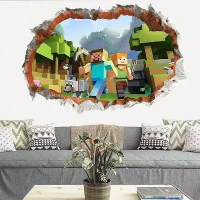Minecraft Dungeons 3D Breakthrough Wall Decal - Pixel Style Game Character Vinyl Sticker - Self-Adhesive Removable Wall Art For Game Room, Bedroom, Home Decor - Gamer Room Decoration