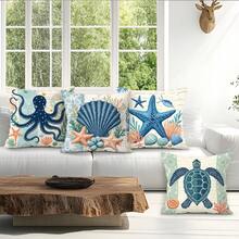 4件套海洋系列海龟、章鱼、贝壳图案单面印花抱枕套，适用于客厅、沙发、卧室，不含枕芯 - 彩色 - 查看 9