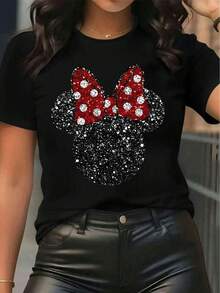 Disney Women's Casual Sequin Minnie Mouse Graphic Cotton T-Shirt, Short Sleeve Round Neck Regular Fit Top For Everyday Wear - 黑色 - 查看 1