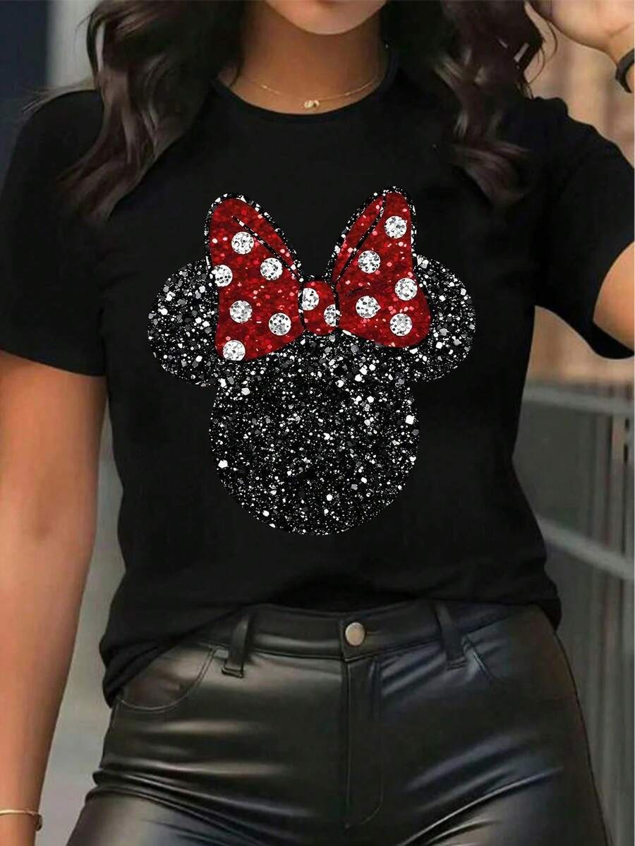 Disney Women's Casual Sequin Minnie Mouse Graphic Cotton T-Shirt, Short Sleeve Round Neck Regular Fit Top For Everyday Wear - 黑色 - 查看 1