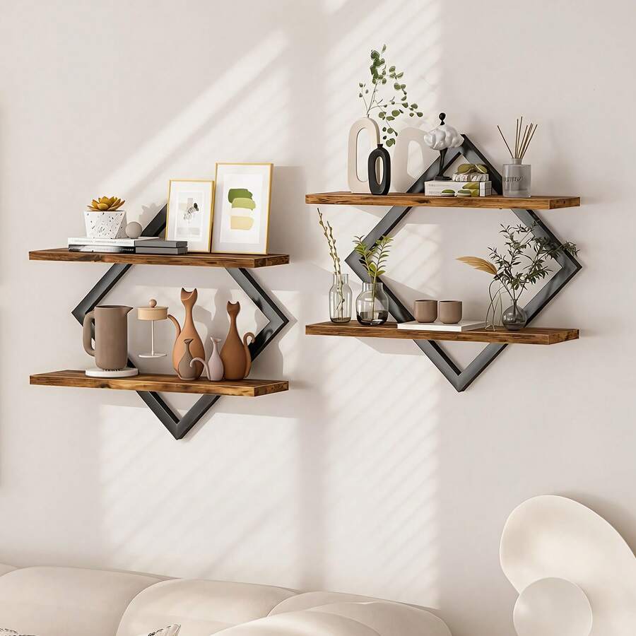 EZIFY 2-Piece Wooden Diamond Floating Shelves, Wall Mounted Space-Saving Anti-Wobble Organizer For Living Room/Bedroom - Brown Two-piece Set - View 1