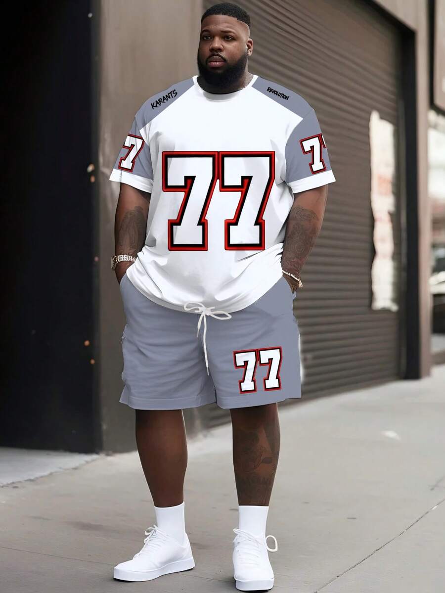 Men's Casual Street Style "Patchwork Contrast 77" Pattern Sports Set - Polyester Knit Fabric, Round Neck Design, Drawstring Shorts, Pocket Details, Regular Fit, Suitable For Plus Size - White - View 1