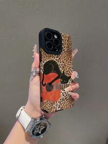 1pc Creative Minimalist Leopard Print Black Cat Guitar Pattern Phone Case, Suitable Compatible With Samsung/ 11, 12 Pro Max, 14 Pro Max, 15, 16/16 Pro, 17/17 Pro And Other Models - Multicolor - View 4