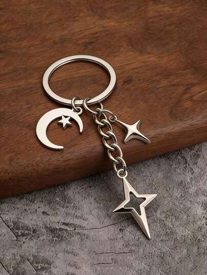 1pc Fashion Four-Pointed Star Moon Keychain CharmPendant Creative Key Ring Backpack Car Key DecorationAccessory Perfect Gift For Friends