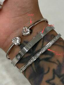 3件套不锈钢和925银心形水晶手链套装，适合女性日常佩戴、节日礼物、时尚手链套装 - 銀色 - 查看 4