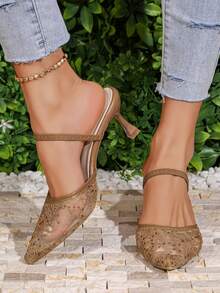 女士棕色高跟套脚凉鞋，春夏新款网纱刺绣包头穆勒鞋，时尚百搭透气露跟细高跟凉鞋 - 棕色 - 查看 2