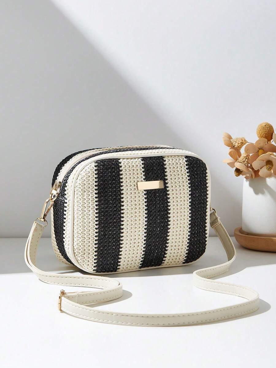 Fashionable Woven Handbag, Women's Shoulder Crossbody Bag, Small Square Bag, Multi-Color - Black - View 1
