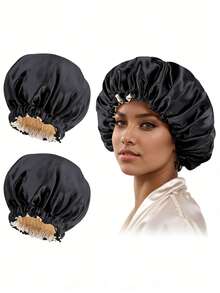 2件装缎面丝绸卷发睡帽，编织睡帽，可调节大号双层女士睡帽 - 顏色 - 查看 3