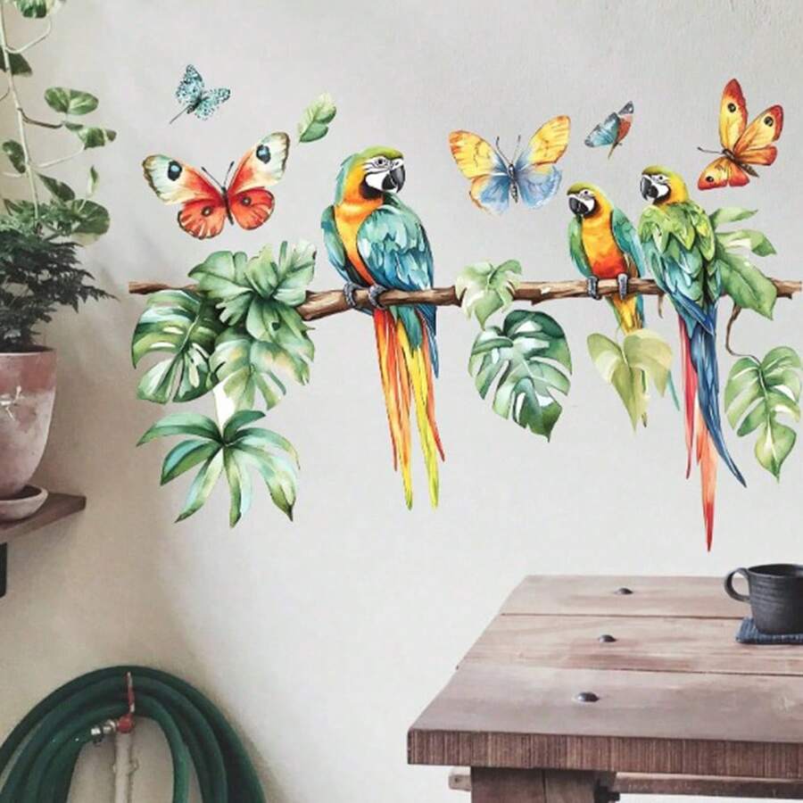 Parrot Branch Wall Sticker, Tropical Jungle Animal Pet Wall Decal For Bedroom, Living Room, Home Decor - Multicolor - View 1