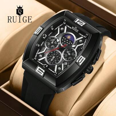  Đồng hồ nam RUIGE thời trang, dây đeo silicon cao cấp, chức năng hiển thị chu kỳ mặt trăng và dạ quang, một món quà tuyệt vời dành cho phái mạnh.