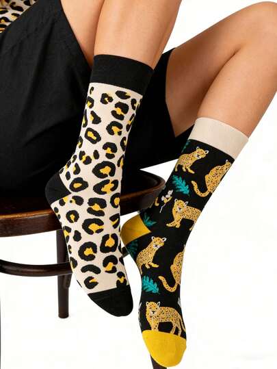 1 par de calcetines unisex con estampado de leopardo AB, calcetines de media caña de moda, adecuados para primavera/verano