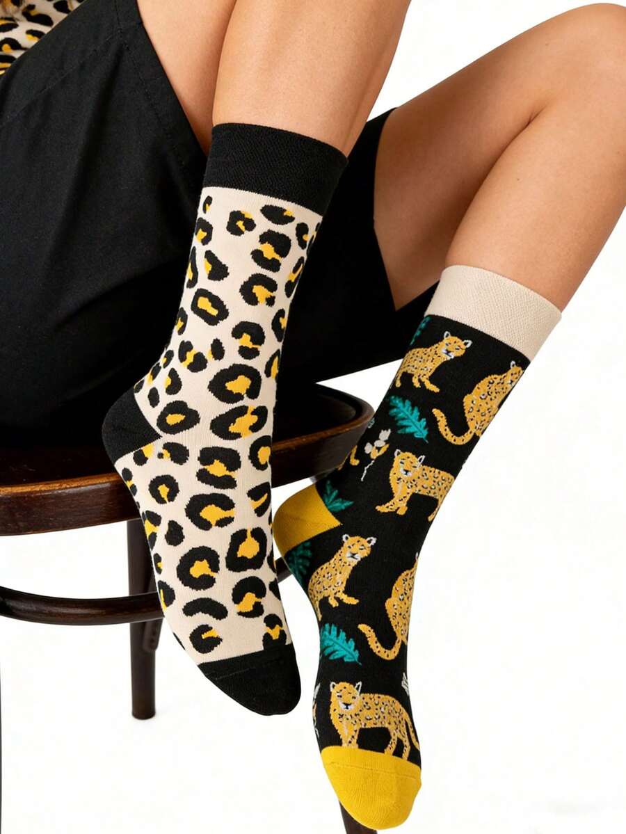 1双男女通用豹纹AB袜，时尚中筒袜，适合春夏穿着 - 彩色 - 查看 1