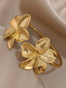 18K Gold Plated Stainless Steel Vintage Elegant Flower Open Bangle Bracelet Set, Women's Bangles, For Women Ladies, Gifts For Mom, For Daily Wear, Weddings, Gala, Suitable For Daily Life, Parties, Dates, Beach, Mother's Day Gift, Valentine's Day Gifts, Spring, Wedding Supplies, Summer Accessories - Multicolor - View 10