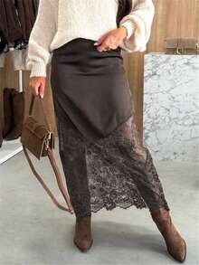 Women Satin Lace Trim Midi Skirt Polka Dot Print High Waist Long A-Line Skirts Vintage Silk Going Out Dress Y2k Streetwear Party Clubwear - 深色水洗藍 - 查看 1