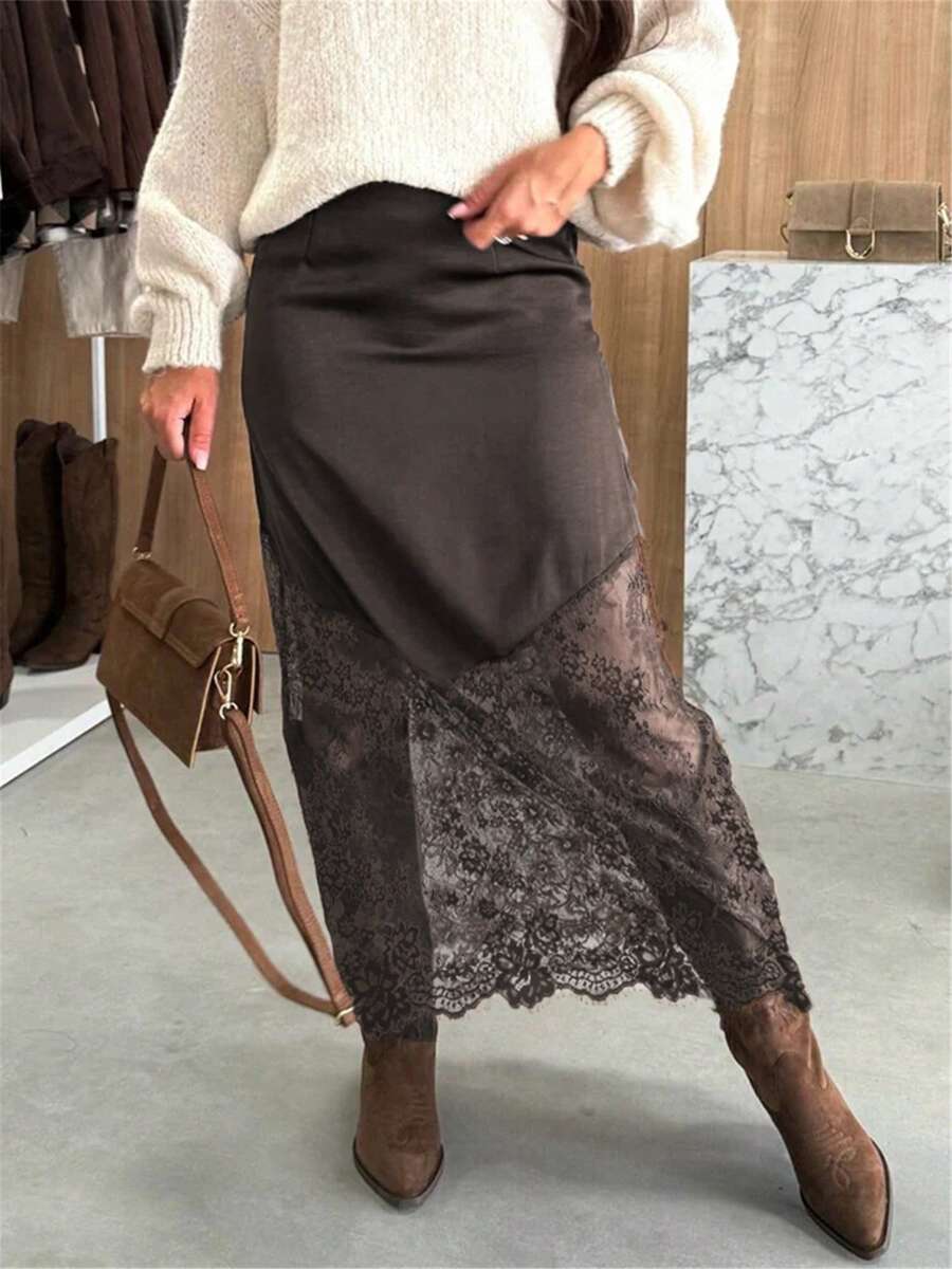 Women Satin Lace Trim Midi Skirt Polka Dot Print High Waist Long A-Line Skirts Vintage Silk Going Out Dress Y2k Streetwear Party Clubwear - 深色水洗藍 - 查看 1