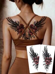 2pcs Fashionable Cool Temporary Tattoo Stickers, Couple Tattoo, Black Fake Tattoo, One-Time Use Tattoo, Wing, Rose, Flower Pattern, Waterproof, Non-Reflective, Easy To Apply And Remove, Highly Realistic, Suitable For Men Or Women On Chest, Leg, Arm, Waist, Abdomen, Foot, Music Festival Party Supplies,Sketch Style - Black - View 1