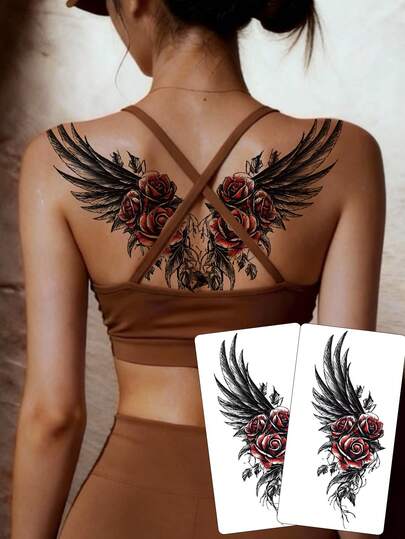 2pcs Fashionable Cool Temporary Tattoo Stickers, Couple Tattoo, Black Fake Tattoo, One-Time Use Tattoo, Wing, Rose, Flower Pattern, Waterproof, Non-Reflective, Easy To Apply And Remove, Highly Realistic, Suitable For Men Or Women On Chest, Leg, Arm, Waist, Abdomen, Foot, Music Festival Party Supplies