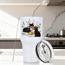 30oz Stainless Steel Tumbler Black White Options,  Cats Books Plants Flowers Design Graphic Cups, Insulated Travel Coffee Mug With Lid And Straw , Double Wall Vacuum Reusable Travel Cups, Funny Birthday Party Gift For Women & Men - 白色 - 查看 1