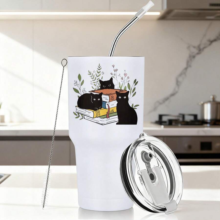 30oz Stainless Steel Tumbler Black White Options,  Cats Books Plants Flowers Design Graphic Cups, Insulated Travel Coffee Mug With Lid And Straw , Double Wall Vacuum Reusable Travel Cups, Funny Birthday Party Gift For Women & Men - 白色 - 查看 1